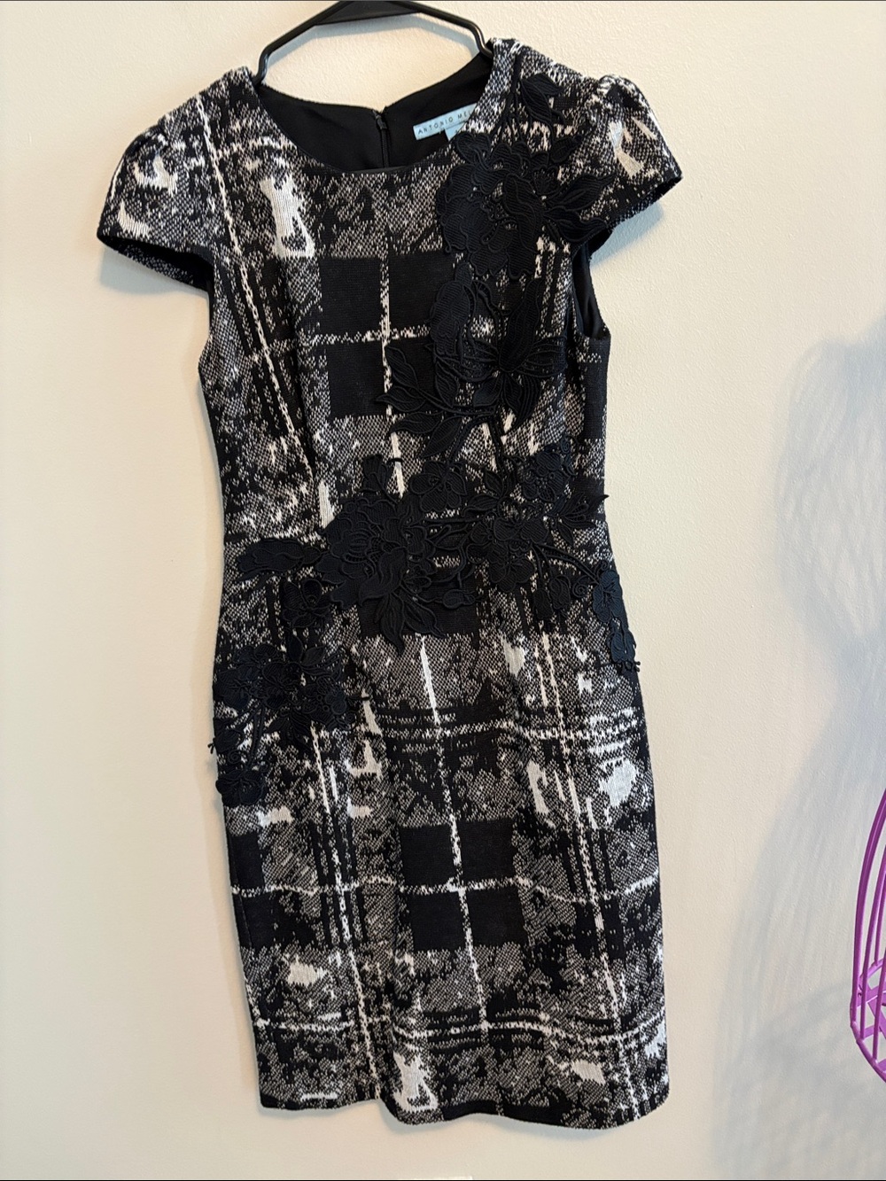 ANTONIO MELANI Black and White Plaid Sheath Dress with Floral Appliqué